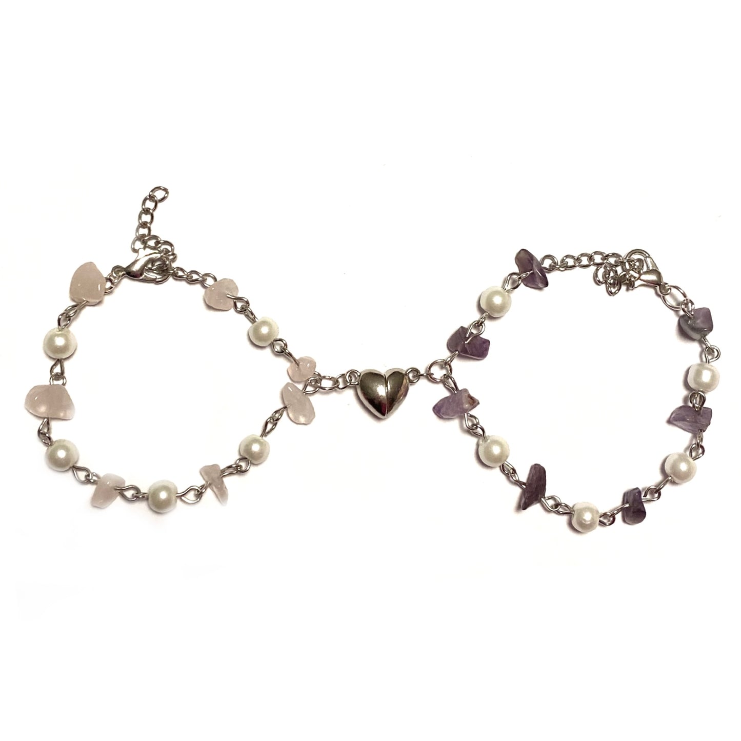 Bracelets with Rose quartz and Amethyst with magnetic Heart