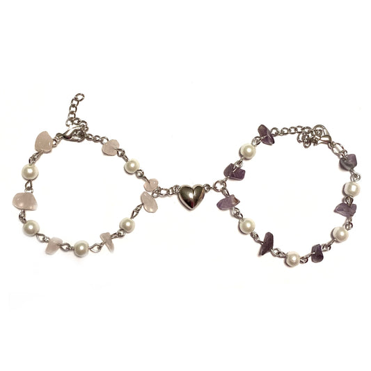 Bracelets with Rose quartz and Amethyst with magnetic Heart