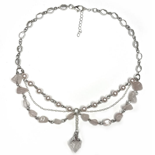 Necklace with Pearls, rosequarts and a rosequarts charm