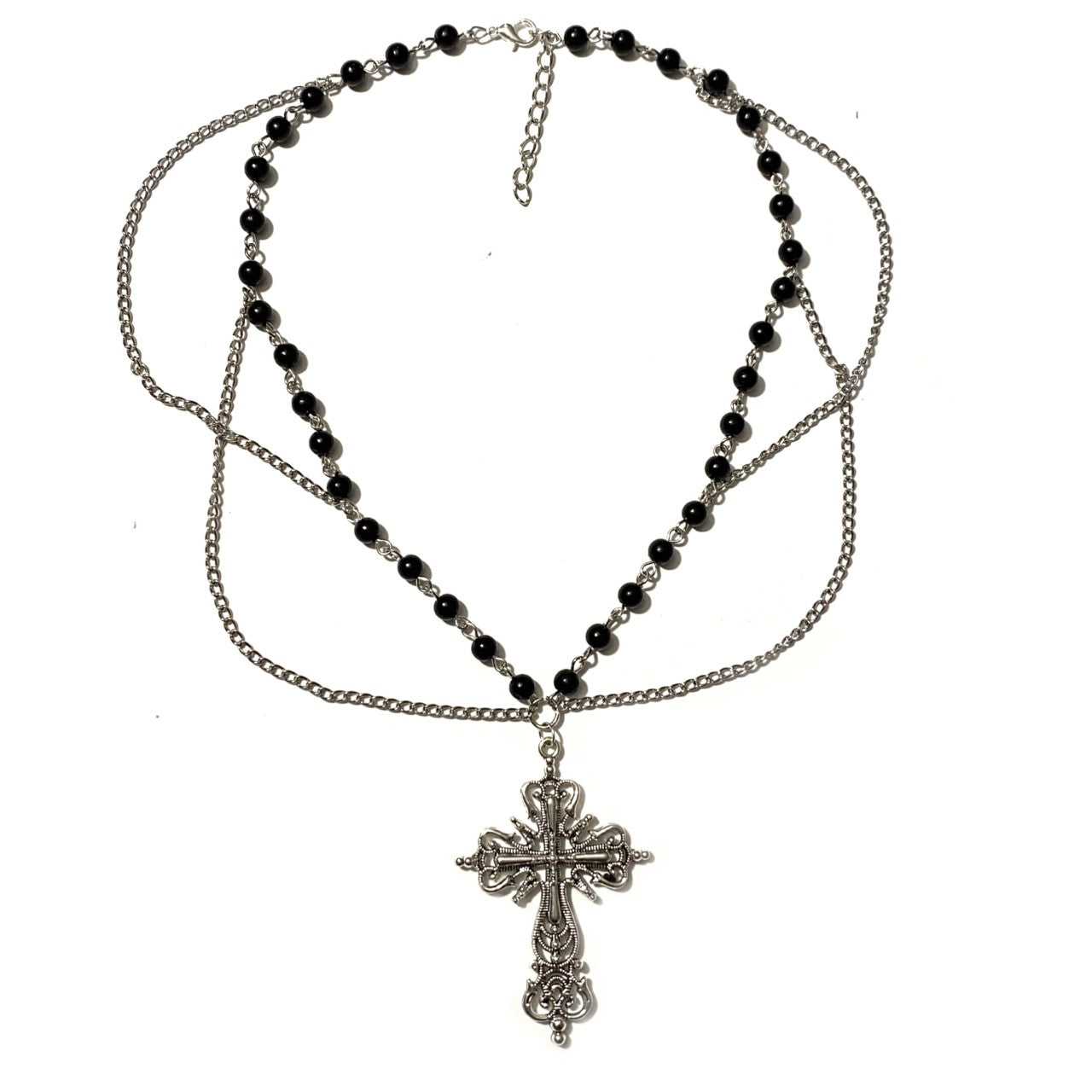 Necklace with black beads and cross